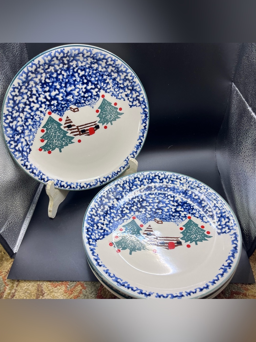 Set of 4 Stoney Hill Cabin in the Snow Dinner Plates 10" Tienshan Folk Craft VTG